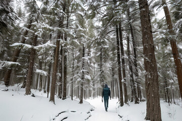 photo of a person walking through a snow-covered forest 
