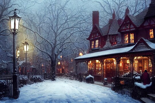 Beautiful Victorian Tavern in Snow on a Road Cross During Winter Christmas