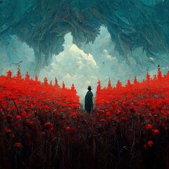 Fantasy Fairytale Landscape with People Walking Among Red Flowers Field - Digital Art, Concept Art - obrazy, fototapety, plakaty