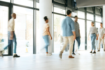 Business people, busy office and walking fast at work, diversity and productive with blur, moving and company growth. Staff, corridor and walk with speed, men and women in the workplace with motion