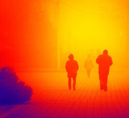 Nightlife of city from darkness. Illustration of thermal image. Blurred unrecognizable people.