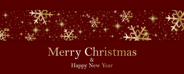 Festive seamless snowflake border isolated on a red background, Christmas design for postcard or greeting card. Vector illustration, merry Xmas snow flake header or banner, wallpaper or backdrop