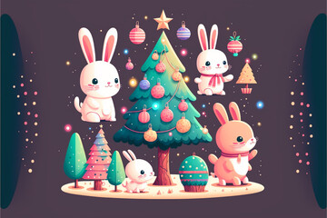 cute bunny cartoon character on the background of a christmas tree decorated with colorful lights, new year and christmas mood