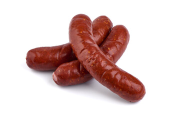 Smoked german sausages, isolated on white background.