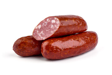 Smoked pork sausages, isolated on white background.