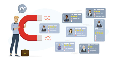 HR agent uses magnet and attract resume of job seekers. Interview, recruitment, hiring process. Various cv of multiethnic applicants. Search for new staff, employment concept. Human resources.