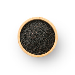 Black sesame seeds in wooden bowl isolated on white background , top view , flat lay.