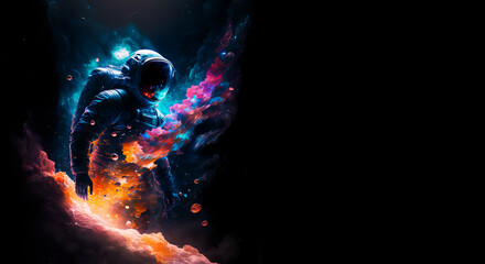 Colorful infinite galaxy with spaceman background. Generative AI Illustration of galaxy with a space traveler. Beautiful colorful view of cosmos. Design element - space theme.