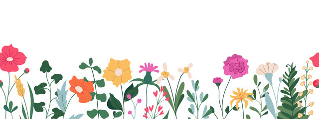 Horizontal seamless banner decorated with blooming flowers and leaves. Spring floral backdrop. Flat Illustration on transparent background