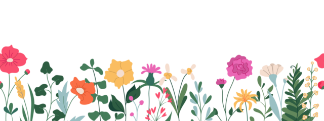 Horizontal seamless banner decorated with blooming flowers and leaves. Spring floral backdrop. Flat Illustration on transparent background
