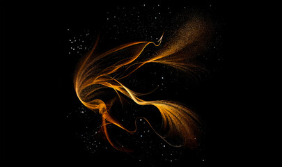 Abstract image of lighting waves. Generative AI illustration of yellow light waves on black background. Design element. Bright yellow stripes background. Yellow curly stripes texture