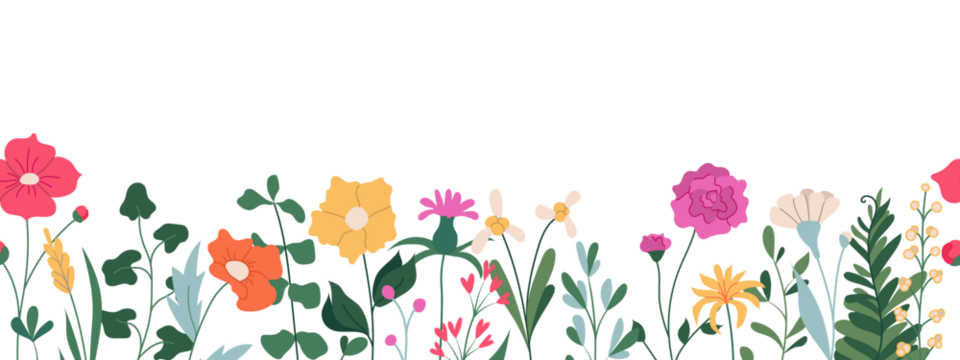 Horizontal seamless banner decorated with blooming flowers and leaves. Spring floral backdrop. Flat Illustration on transparent background