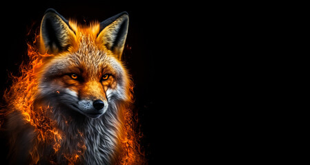 Fototapeta premium Magic fox in flames on black background. Fire kitsune on black background. Generative AI fairy flame fox illustration. Magical beasts and animals.
