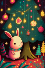 cute bunny cartoon character on the background of a christmas tree decorated with colorful lights, new year and christmas mood