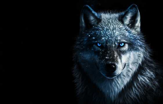 Magic frost wolf with blue eyes in the dark on black background. Fairy wolf portrait. Frost wolf Generative AI illustration.