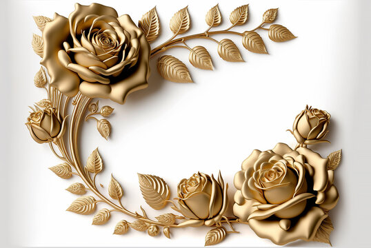 illustration of a golden frame of roses on a white background with copy space for creative designs