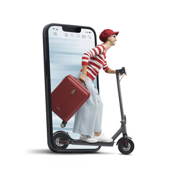 Woman riding a scooter and smartphone