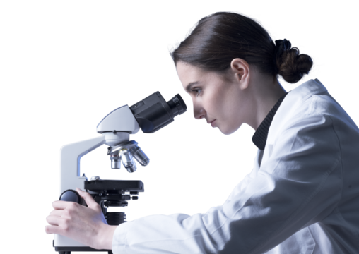Woman using a microscope in the lab - Powered by Adobe