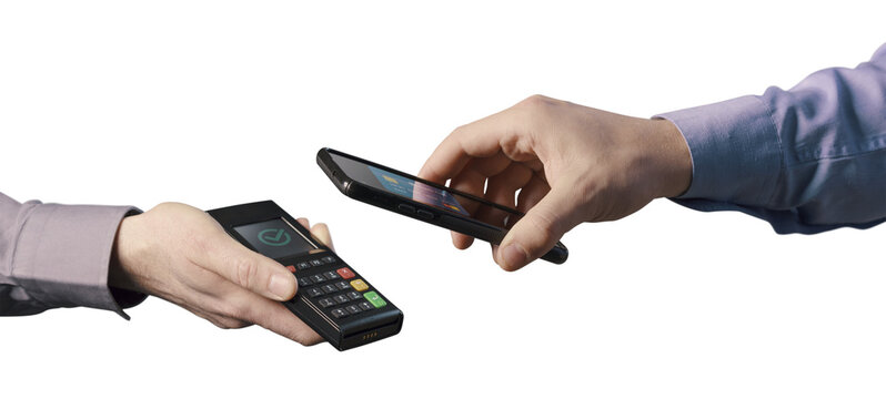 PNG file no background Man paying with his smartphone