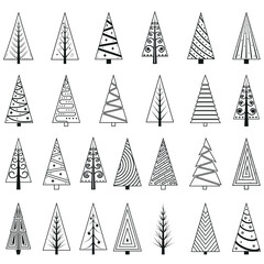 Obraz premium A set of Christmas trees in the doodle style, black outline. Isolated vector illustration.
