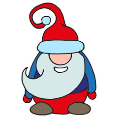 New Year's gnome in a long cap covering his eyes. Vector illustration of a Christmas elf or gnome in colorful clothes and with a long gray beard