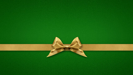Blank gift greeting card with golden shiny ribbon bow tape, isolated on green background, top view...