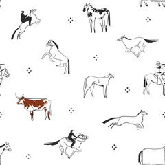Hand drawn abstract vector graphic clipart illustration wild west horses seamless pattern composition.Wild Western design concept.Bohemian wild west contemporary art. Horse modern line art drawing.