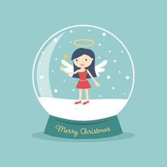 Snow globe with an angel inside, Christmas festival. Flat style cartoon.