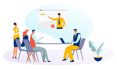 Business online negotiation team together video call meeting conference dialogue session flat vector illustration, isolated on white.