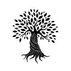 Silhouette of a tree with branches, leaves and roots. Vector illustration, logo of the black olive tree icon.