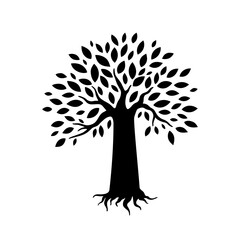 Silhouette of a tree with branches, leaves and roots. Vector illustration, logo of the black olive tree icon.