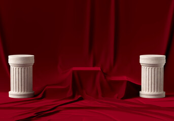 background image for product placement There are three levels covered with red velvet cloth and colored Roman columns located on either side. 3D Scene.