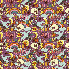 Vector seamless pattern in 70s style. Hand drawn psychedelic hippies background.