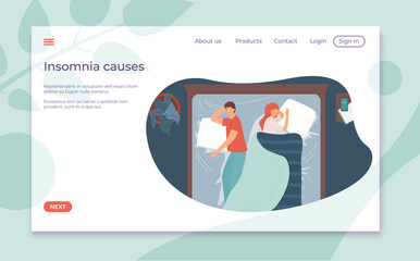 Insomnia mental sleep problem, sleeplessness web application website banner, template landing webpage mobile app flat vector illustration.