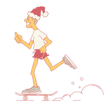 Santa Claus is riding a skateboard in shorts and a T-shirt. Shows a thumbs up. The concept of New Year holidays. Side view. Stock vector illustration of Santa Claus rolling on a skateboard. 