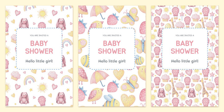 Baby shower watercolor design elements. Set of baby birthday illustration. Newborn party invitation