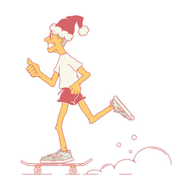 Santa Claus is riding a skateboard in shorts and a T-shirt. Shows a thumbs up. The concept of New Year holidays. Side view. Stock vector illustration of Santa Claus rolling on a skateboard. 