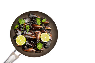 Raw mussels on the white background	