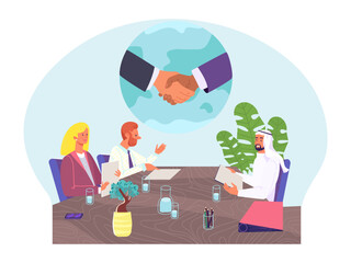 International business negotiating, businessman foreign handshake arab country flat vector illustration, isolated on white.