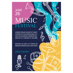 MUSIC FESTIVAL Vertical Banner Concert Poster With Guitar Trumpet Saxophone Microphone And Drums Invitation Text On Abstract Background Hand Drawn Vector Sketch
