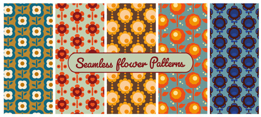 Retro flower pattern set vector seamless, vintage look