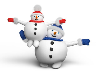 Cartoon snowmen: father and child play and walk. Isolated illustration. 3D Render.