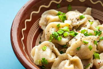 a classic traditional dish of dumplings with meat, butter, pepper and greens, food of the countries of the world, gastrotourism