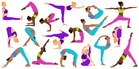 Set of women doing yoga and fitness exercises.