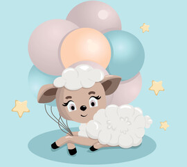 Cute sheep. Funny illustration of a sheep with balloons. Baby Hare