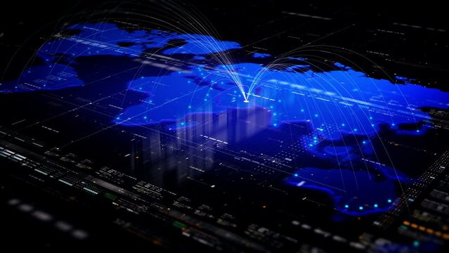Global connectivity from Dubai to other major cities around the world. Technology, network connection, trading, and traveling concept.