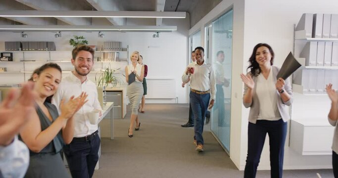 Success, congratulations and applause of business people in office after job well done or welcome to workplace. Clapping, wow and support of happy group, coworkers or colleagues celebrating promotion