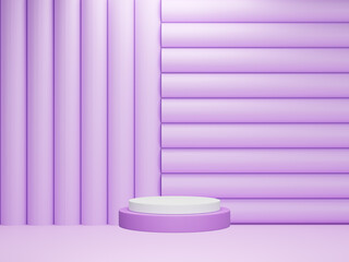 Naklejka na ściany i meble Realistic lavender purple and white 3D cylinder pedestal podium with geometric triangle layers background. Abstract minimal scene mockup products display. Round stage showcase. Vector geometric forms.