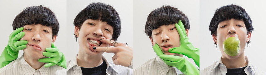 Collage. Close-up portraits of young boy with piercing posing with grimace faces isolated over grey...