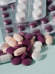 Fototapeta na wymiar Various medications: pills, blister pack pills, medications, macro, selective focus, copy space